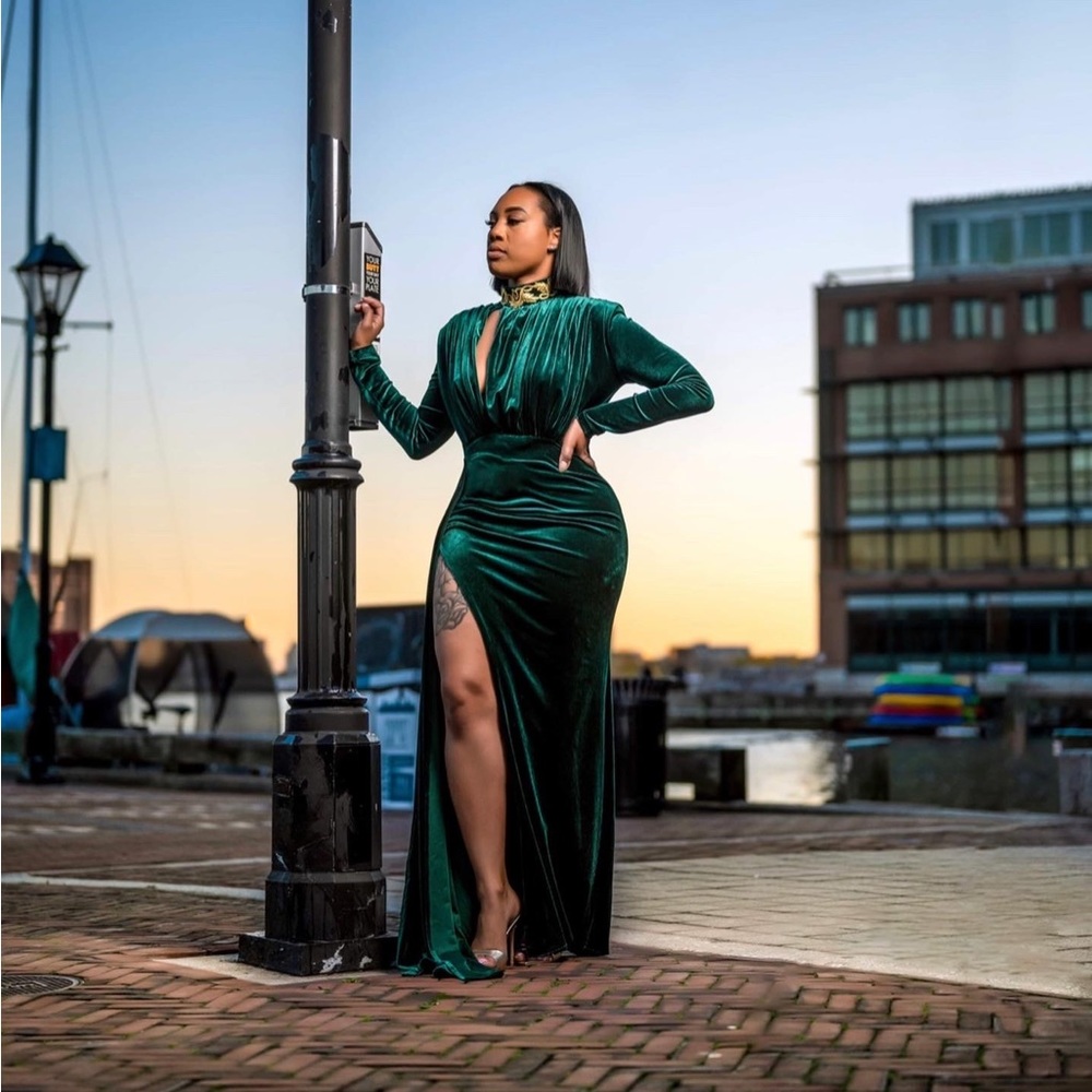 Zenaida Emerald Green Cutout High Slit Velvet Gown